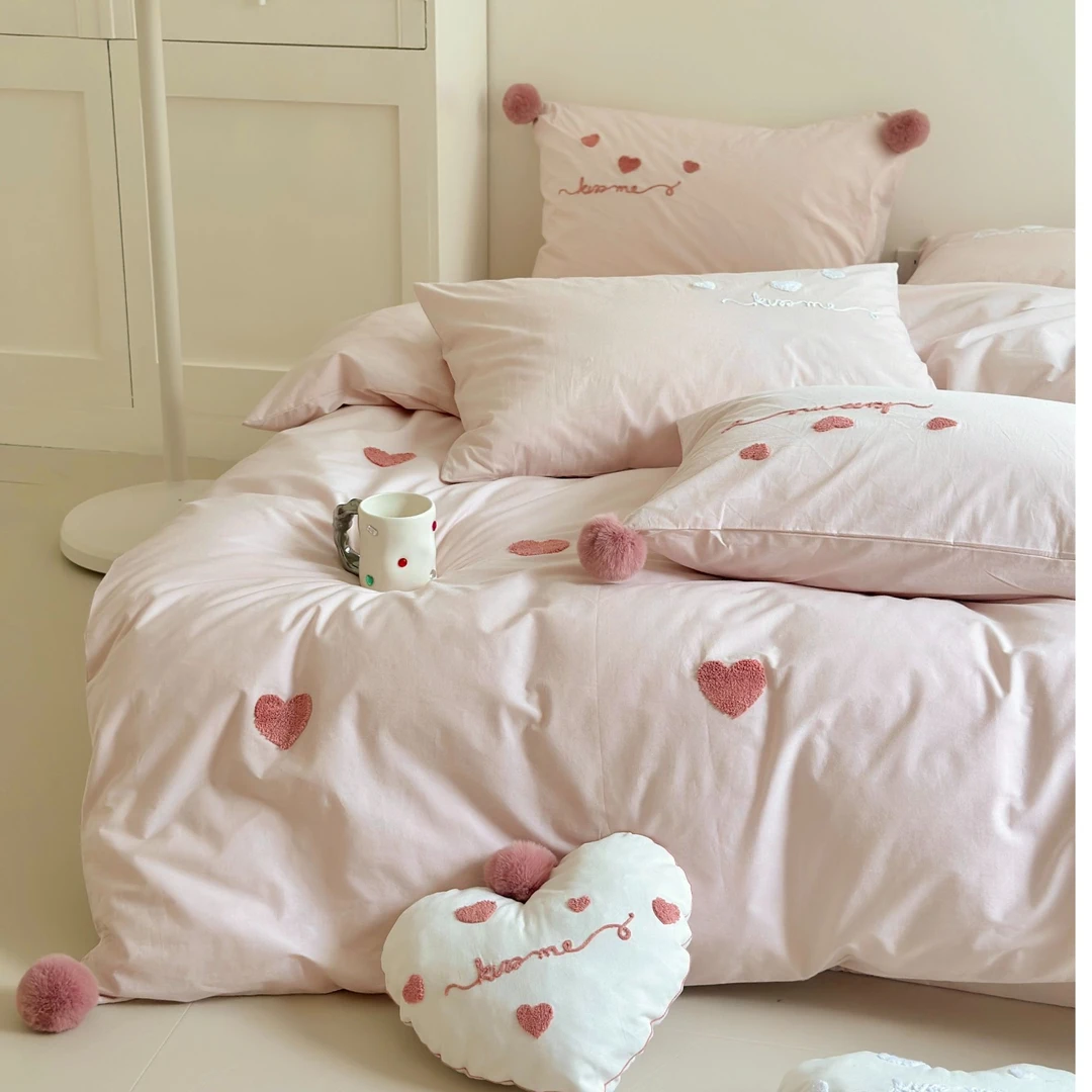 特！小玲子 爱心-粉 高支全棉水洗棉毛巾绣毛球三件套四件套