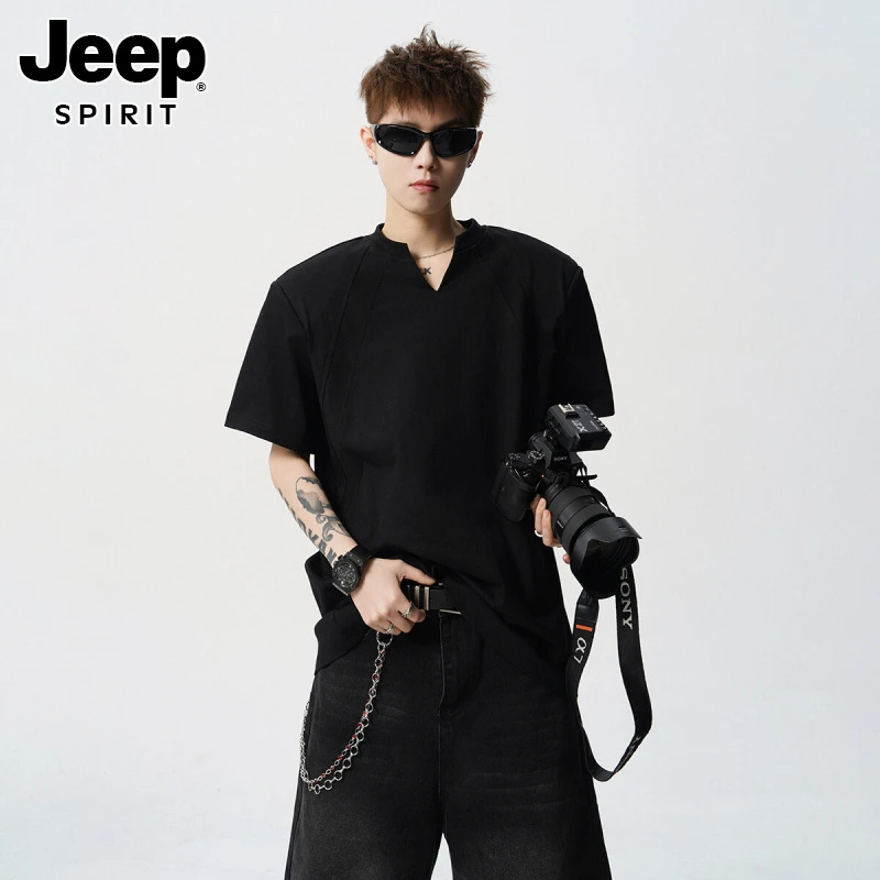 JEEPSPIRIT美式解构V领t恤短袖男款夏潮流宽松休闲半袖男生百搭款
