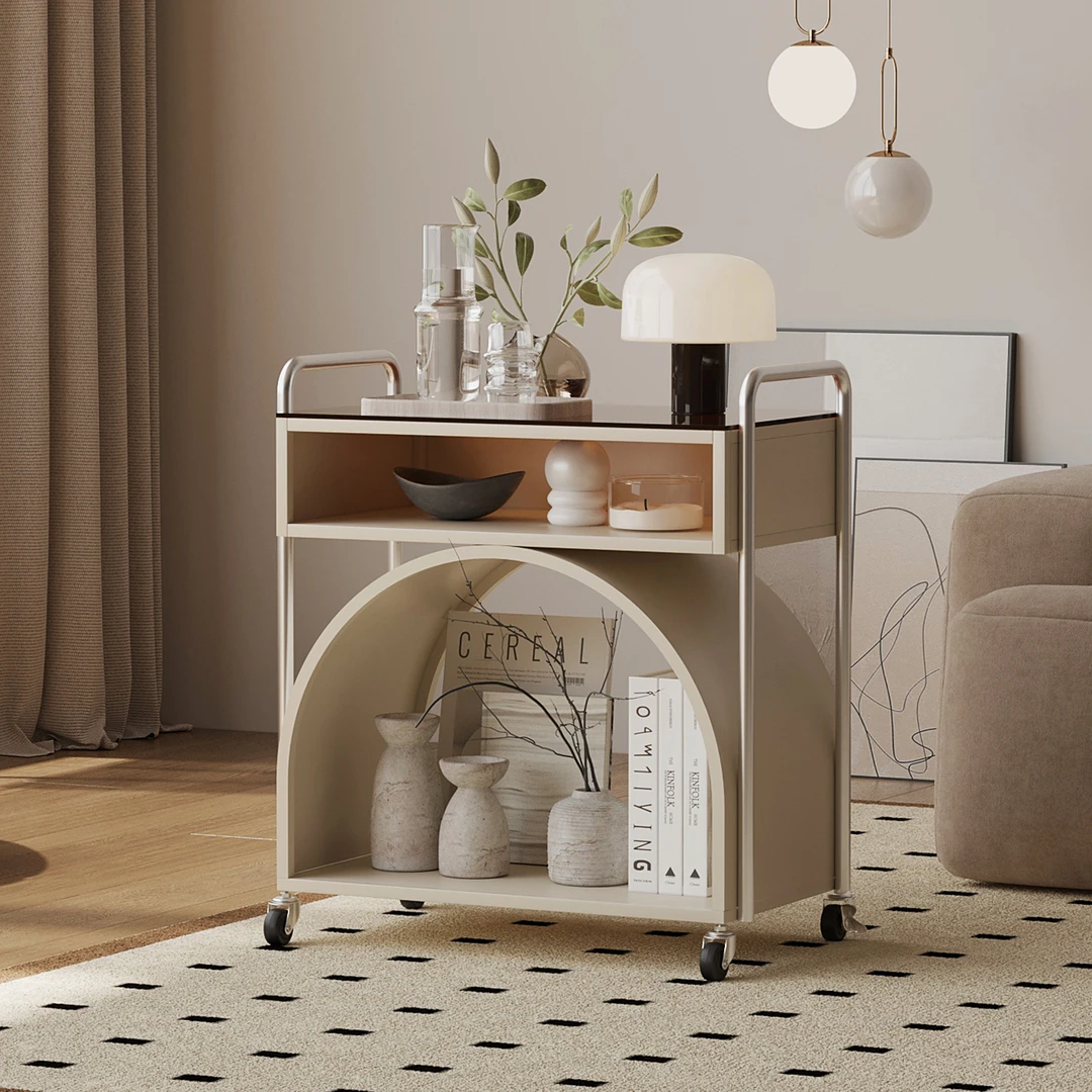 可移动沙发边几客厅家用奶油风钢化玻璃小茶几现代简约创意小推车