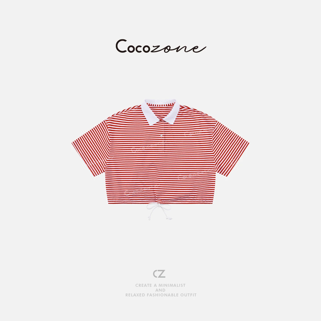 COCO ZONE 刘一一打底百搭条纹POLO领短袖T恤CD1A0555