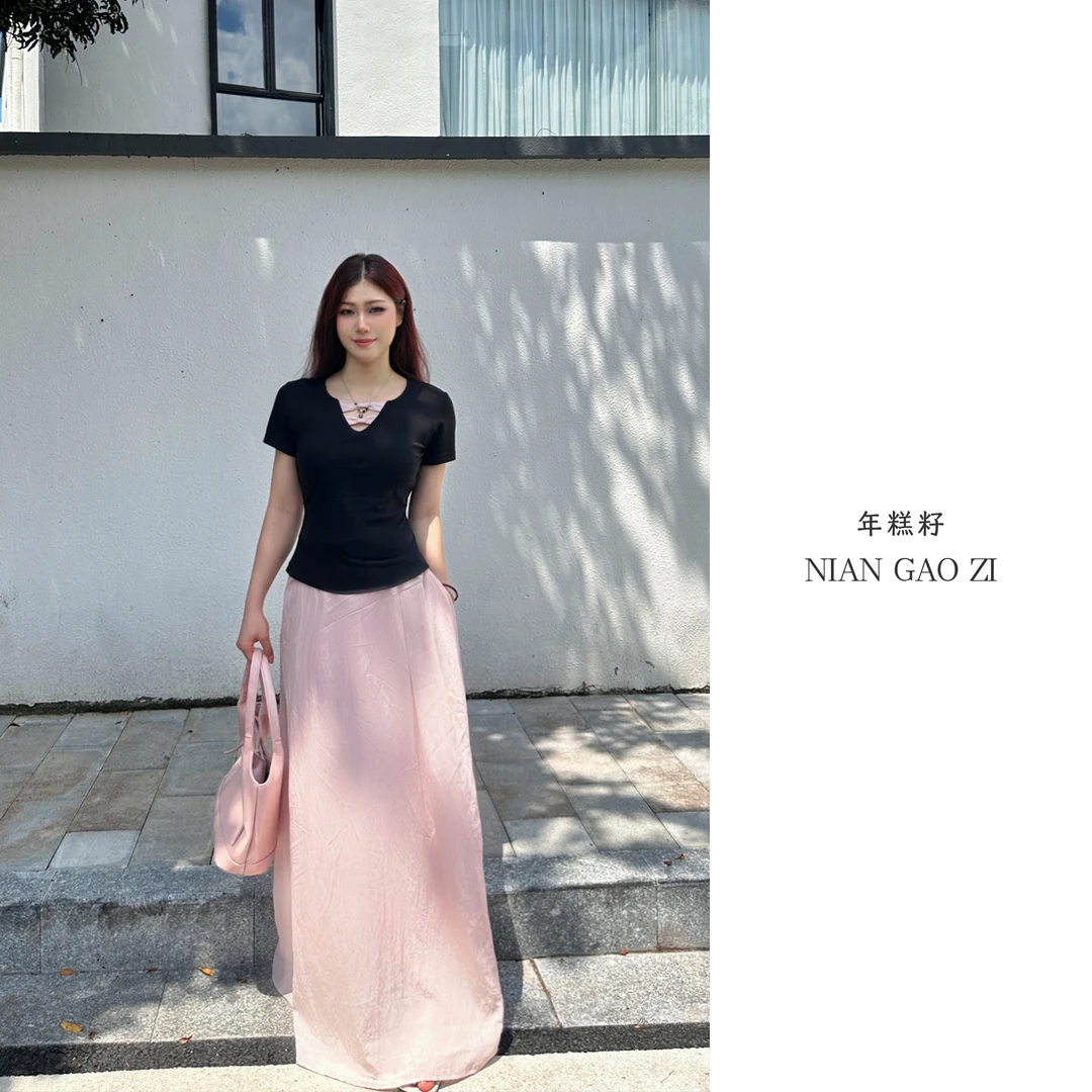 ZOZ年糕籽[直男粉碎机]高腰显瘦半身裙设计感纯色长裙休闲裙子女