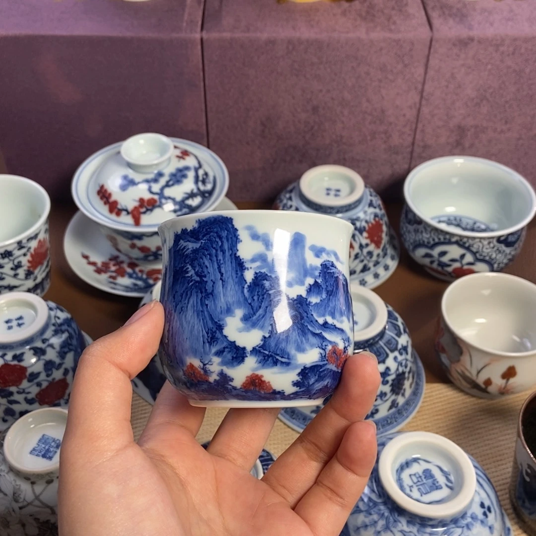 陶阳春白雪釉里红夏山图炉式杯