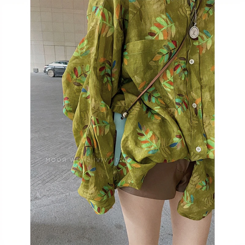 2025秋季新款网红洋气绿花衬衫女宽松显瘦薄款防晒罩衫长袖上衣潮