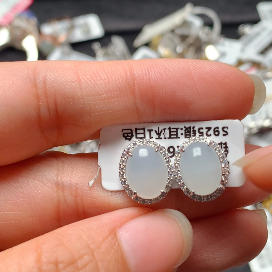 翡翠戒指银S925镶嵌天然翡翠耳饰