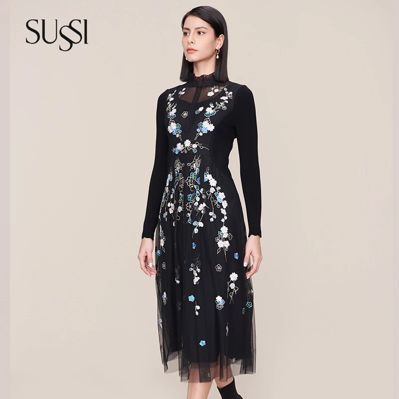 SUSSI/古色25年秋冬新款黑色刺绣高级感收腰连衣裙女装