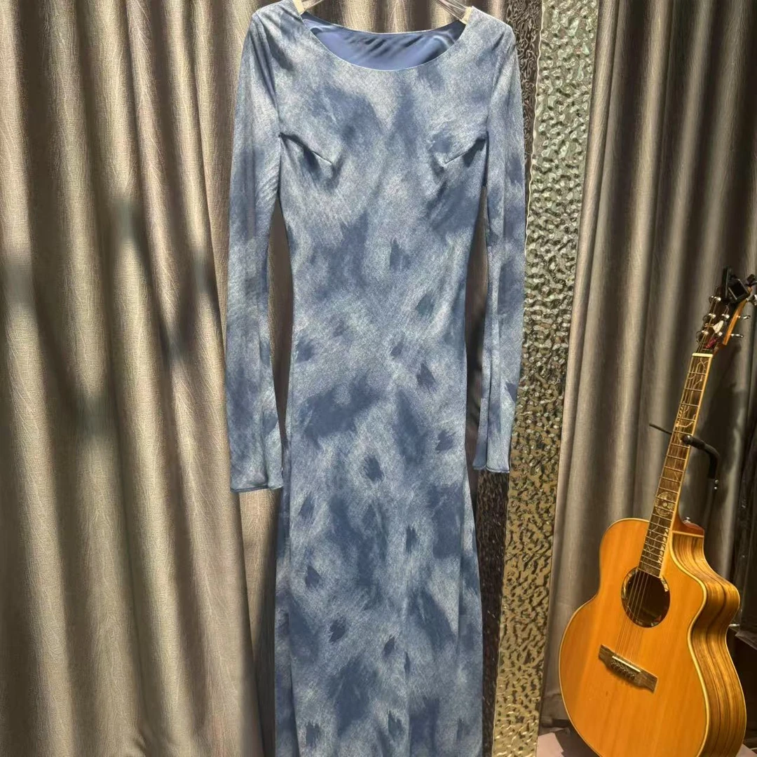 【冰川长袖】2025新款经典设计师款冰川蓝长袖高定连衣裙