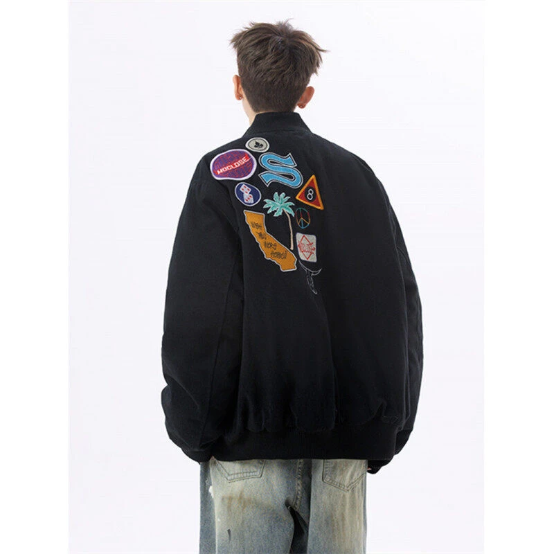 高质量春季美式复古潮牌黑色秋冬刺绣夹克秋季立领潮流休闲外套