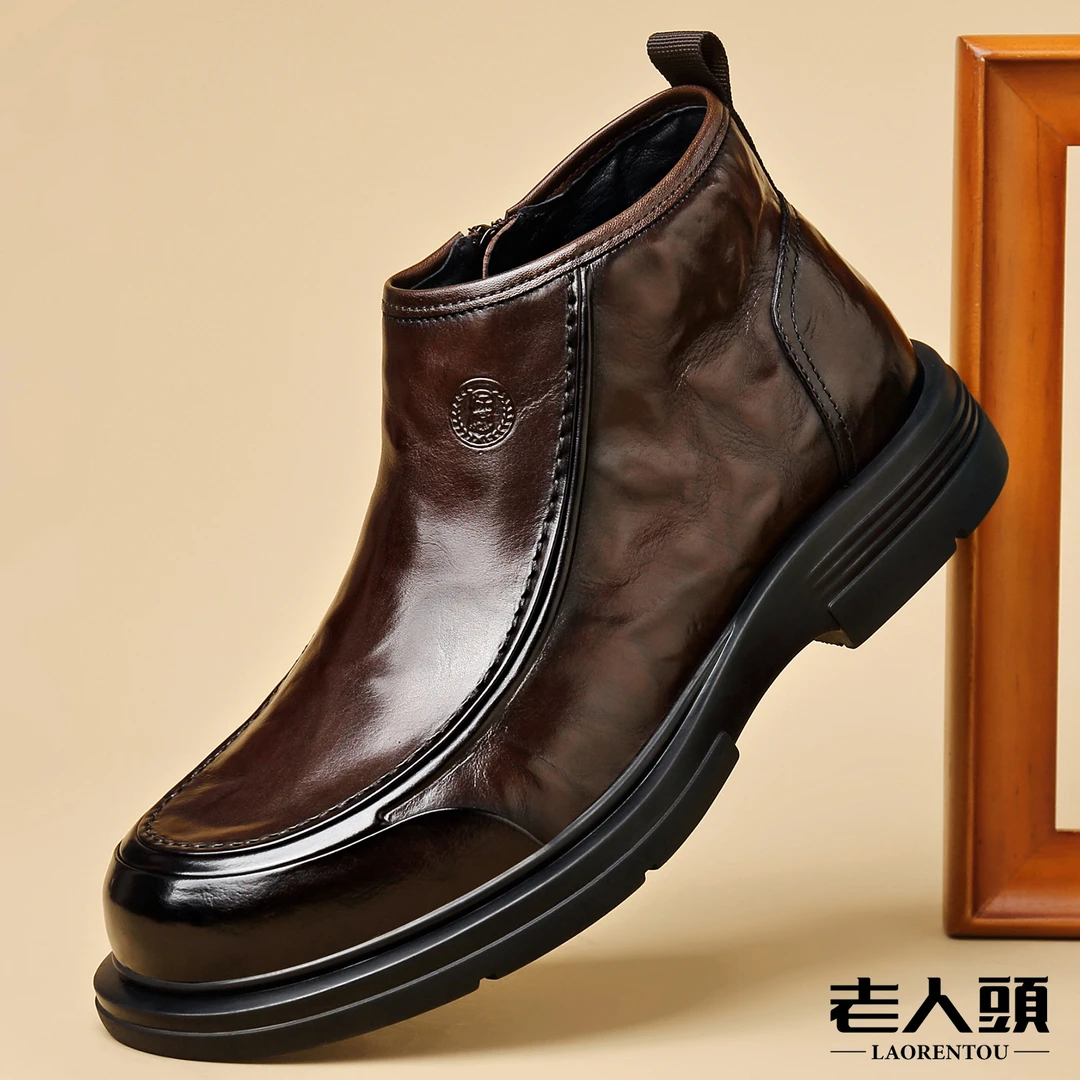 老人头轻奢高端男士商务休闲皮鞋冬季加绒加厚切尔西靴厚底英伦风