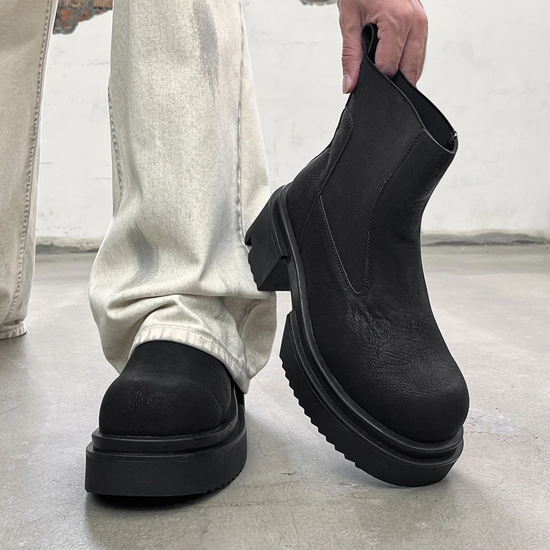 新款切尔西靴男小众设计感厚底烟筒靴增高7CM马丁靴高帮黑色短靴