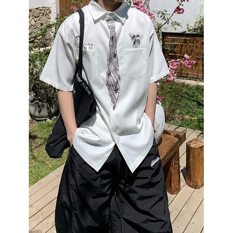 学院风衬衫圆领制服印花设计感韩版夏季短袖港风翻领复古情侣上衣