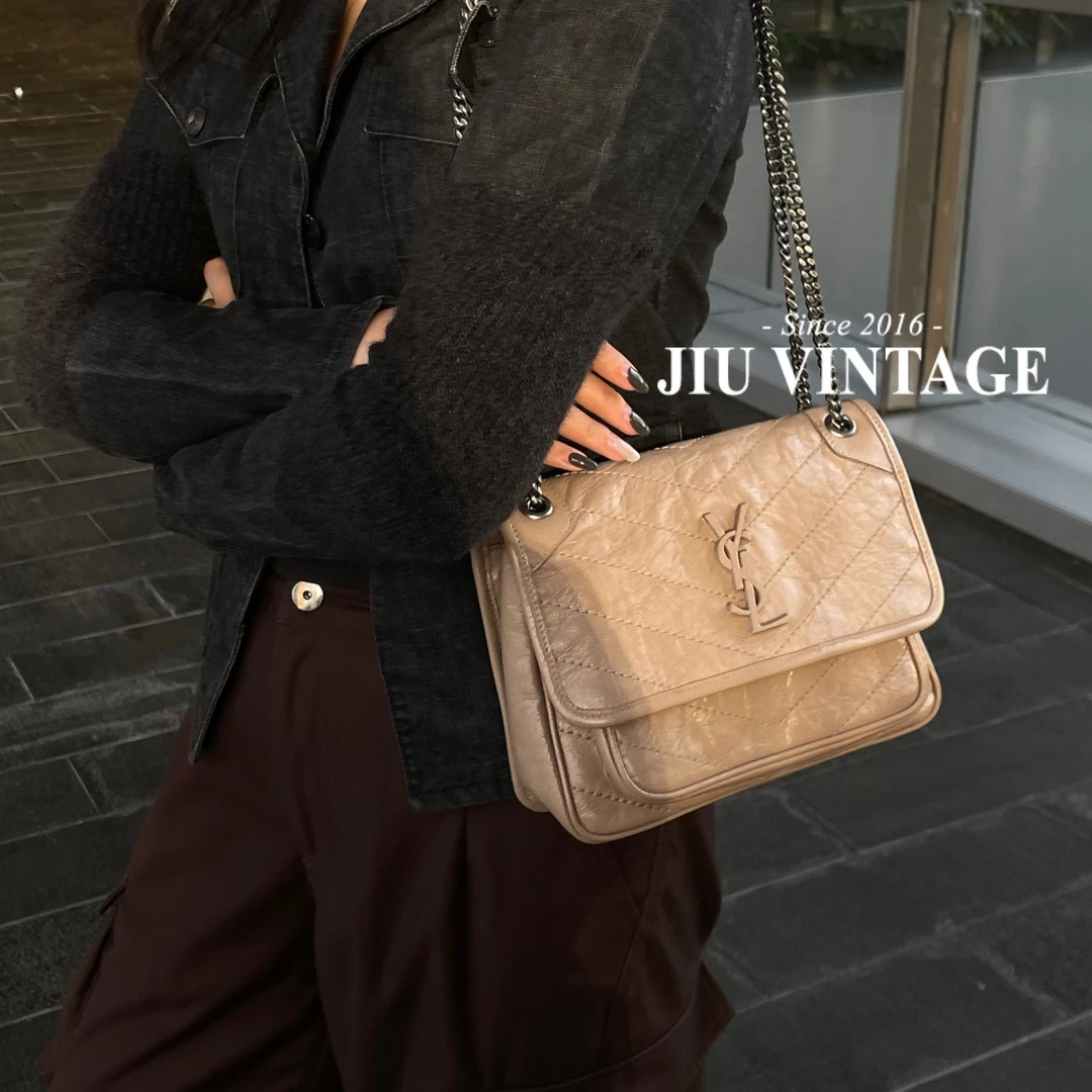 99新 YSL/圣罗兰 niki小号奶茶色油蜡牛皮 单肩包非D扣CJM15-0292