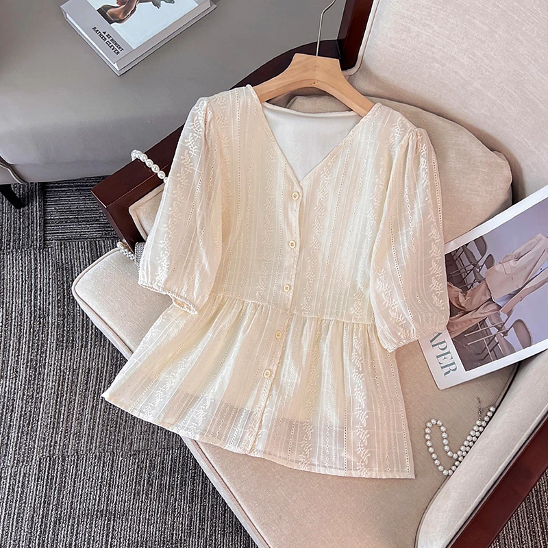 季念2025春秋V领法式上衣气质宽松显瘦长短袖收腰遮肚子百搭衬衫