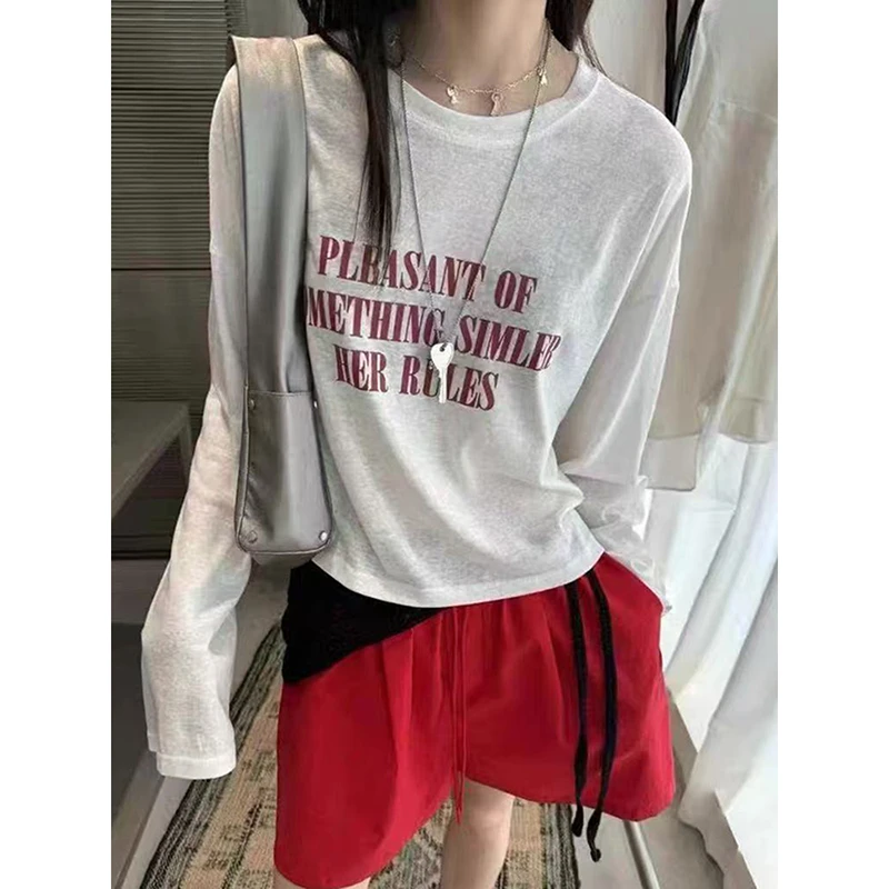 韩系慵懒时尚防晒T恤女2025夏日穿搭长袖圆领字母印花罩衫短上衣