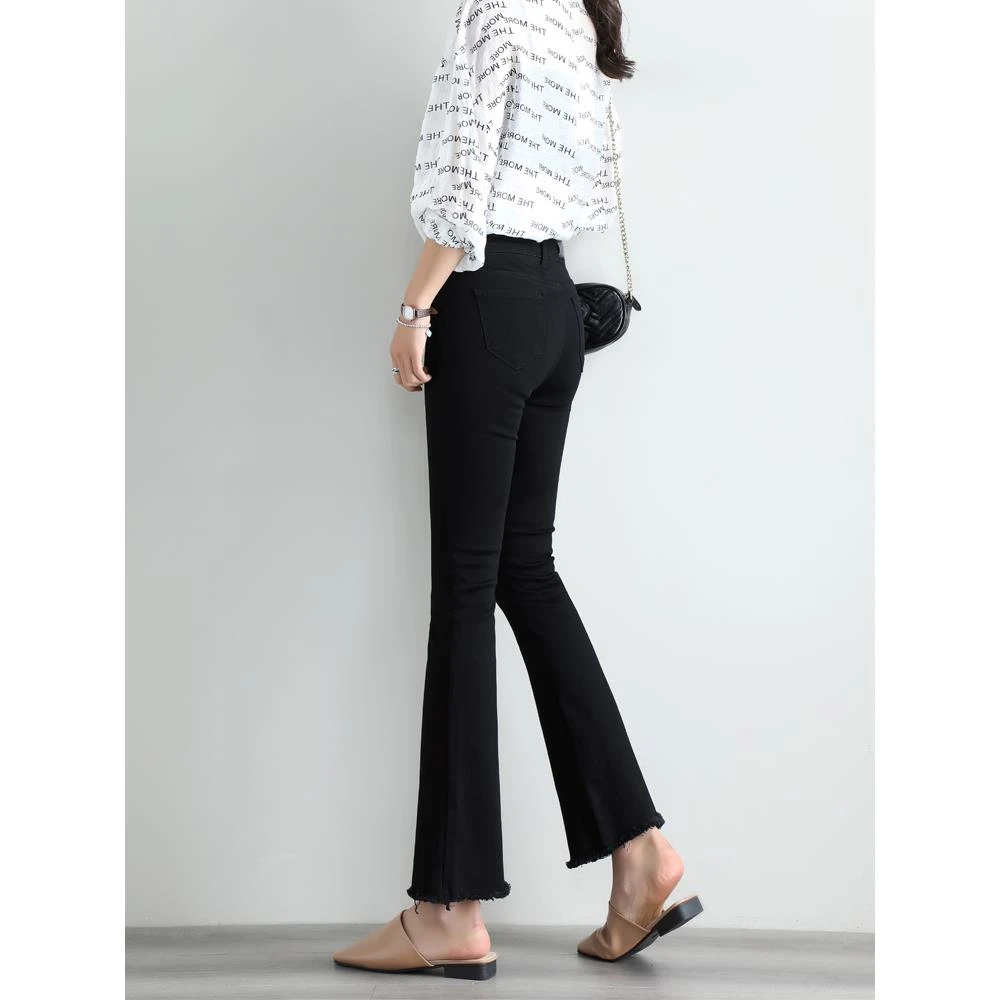 黑色微喇牛仔裤女八九分小个子春秋季加绒高腰弹力显瘦喇叭裤女长