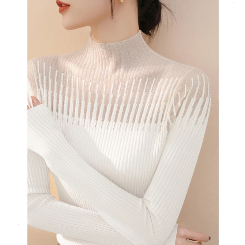 2025年秋冬百搭蕾丝网纱长袖打底新款法式羊毛半高领修身针织衫女