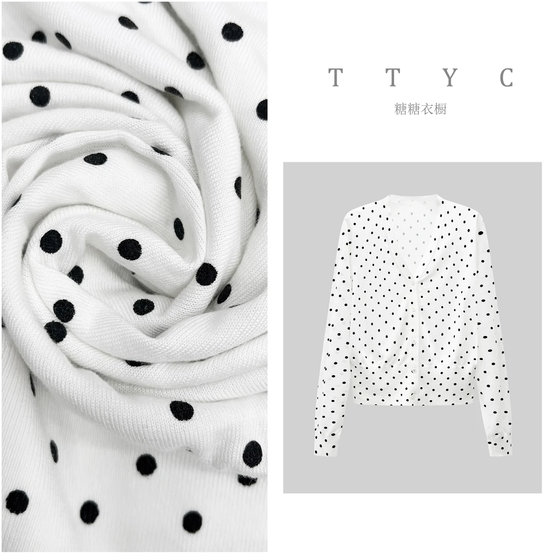 【臻雅】春季新款V领波点单排扣外套针织衫