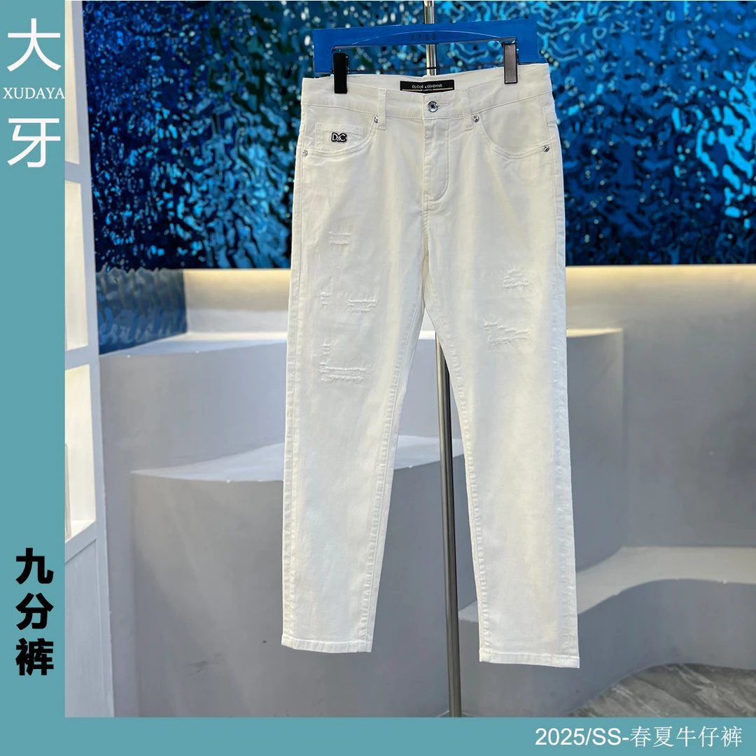 【大牙】933#纯白色九分假破洞牛仔裤春夏刀割破洞补丁修身小直筒