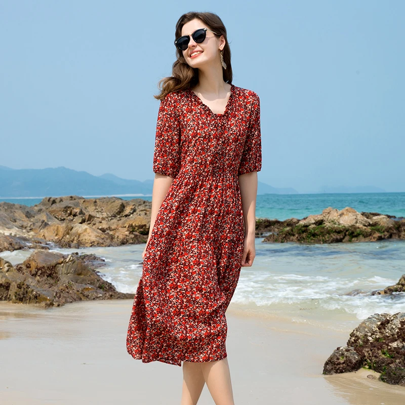 普拉妮2025夏季新款法式真丝连衣裙薄款中长款桑蚕丝碎花裙-6705