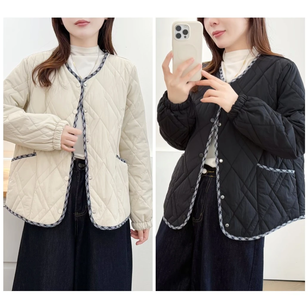 110-190斤微胖大码女装胖mm秋冬轻薄显瘦合身V领夹棉外套棉衣棉服