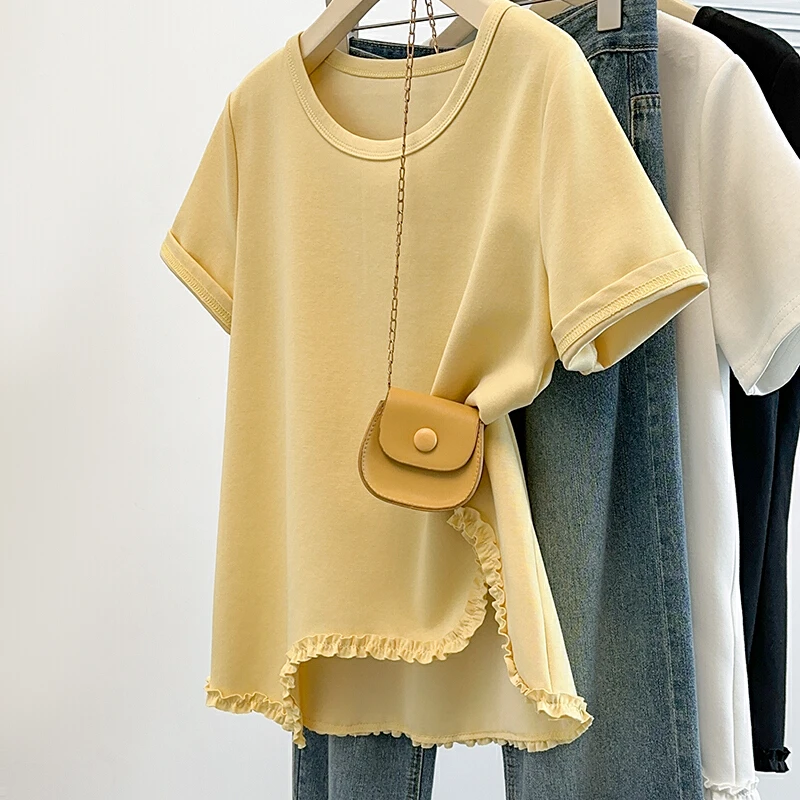 夏季微胖大码女装设计感不规则木耳花边短袖t恤宽松显瘦遮肚上衣