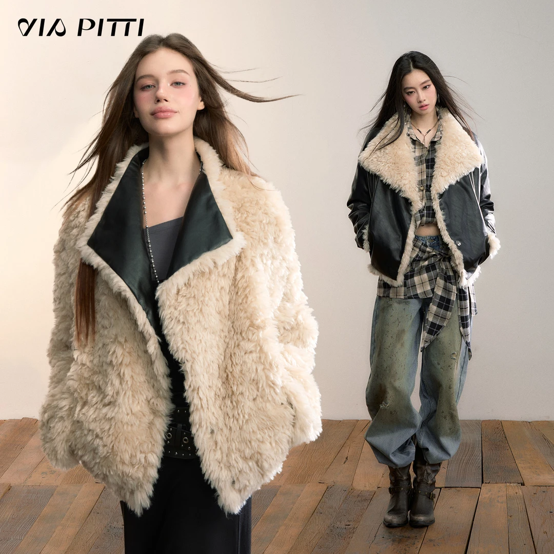 ViaPitti 人造皮草 【官方专属】正反两穿毛毛拼皮保暖外套VIADC665