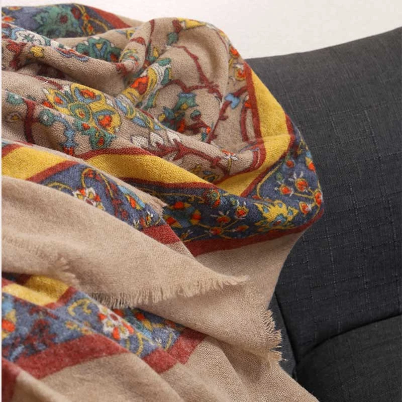 民族大方围巾披肩两用女春秋冬季咖色超大长款印花披风民族风披肩