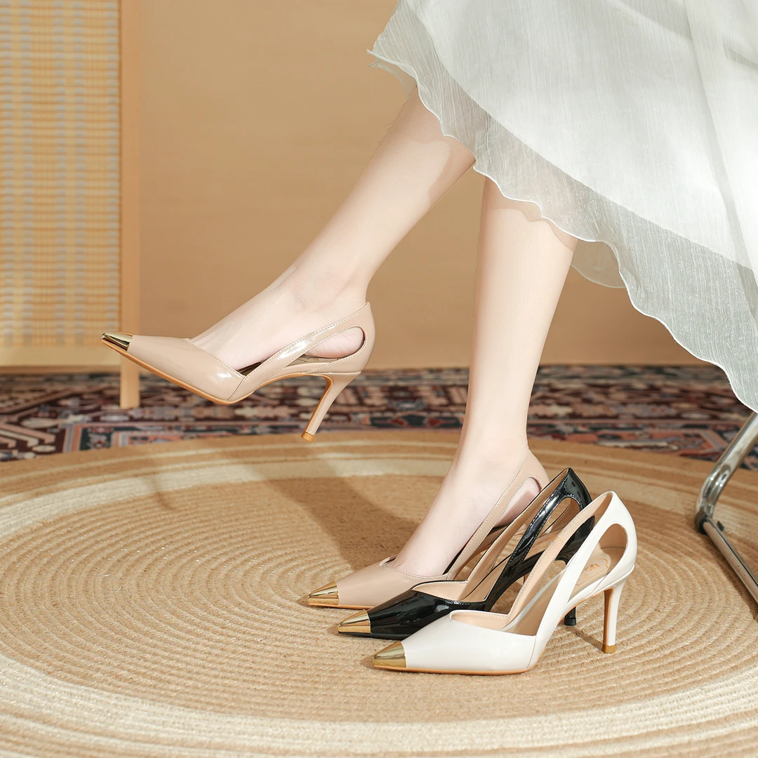 sufeifei/苏妃妃时尚金属防撞头高跟鞋女羊皮百搭镂空设计感单鞋8