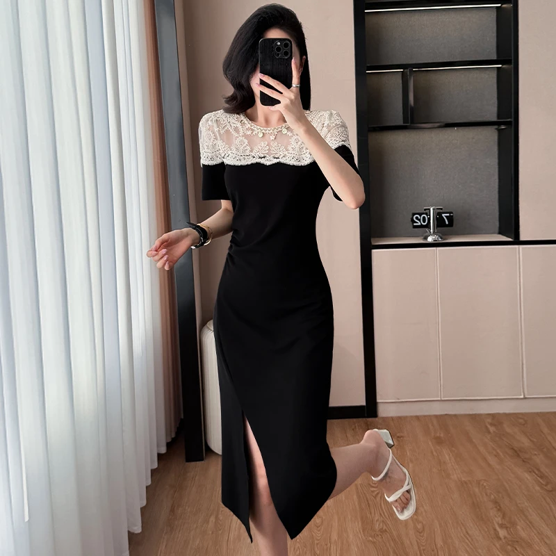 法式蕾丝拼接开叉连衣裙女2025年夏季新款洋气收腰遮肉小众中长裙