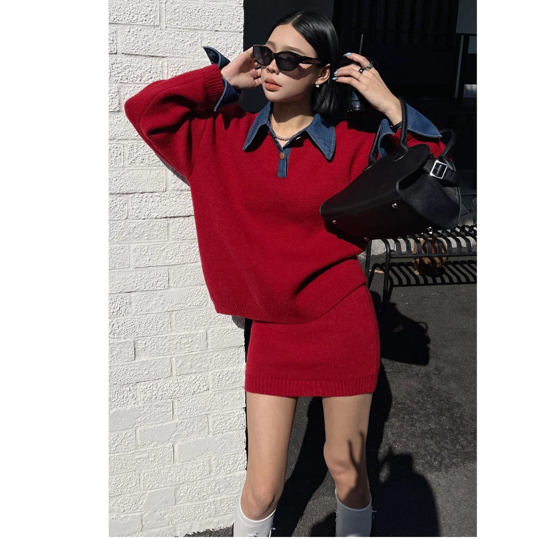 学院风极简风时尚套装秋冬高领翻领拼接牛仔领韩版时尚短裙两件套