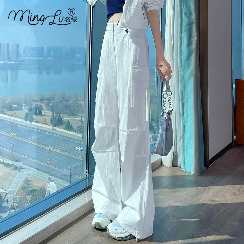 白色水洗棉速干工装裤女休闲宽松运动伞兵直筒阔腿裤2025春夏薄款
