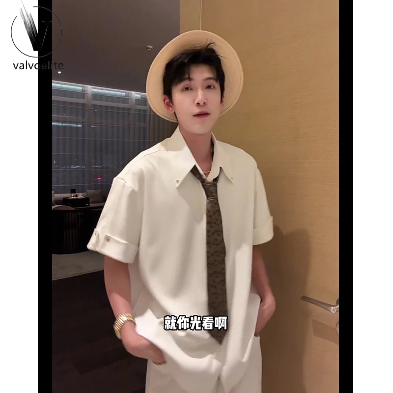 VALVOELITE冰丝短袖白衬衫男夏日穿搭铆钉设计高级感衬衣极简风韩