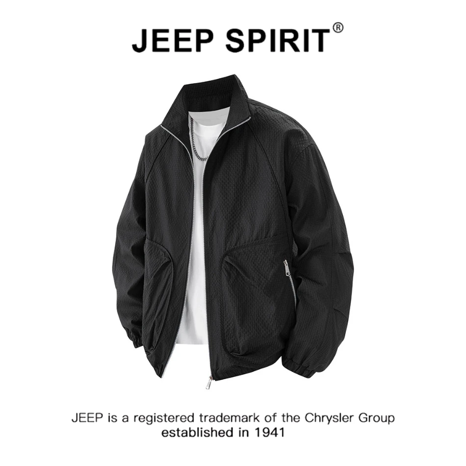 JEEPSPIRIT吉普翻领夹克外套男秋季新款黑色宽松胖子加肥加大外套
