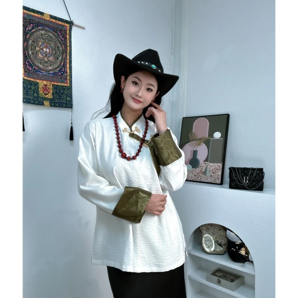 【绿野】藏式衬衣金边气质显白显瘦高级上衣藏袍立领中式