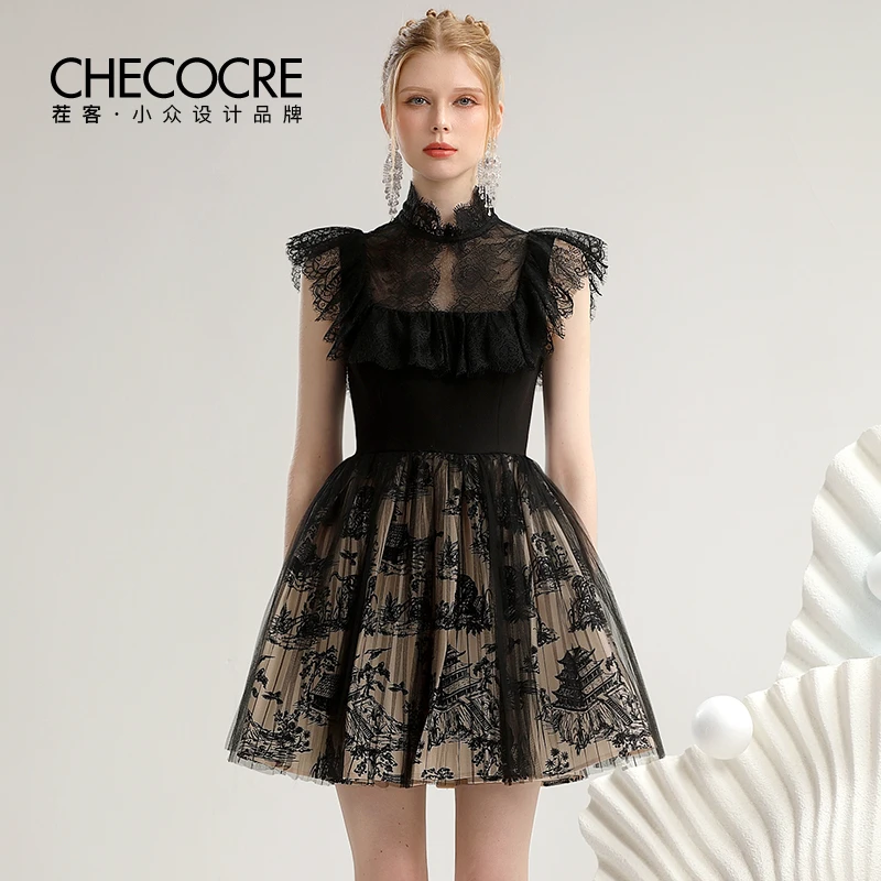 茬客新中式复古连衣裙夏季印花蕾丝网纱拼接收腰蓬蓬裙女CM490518