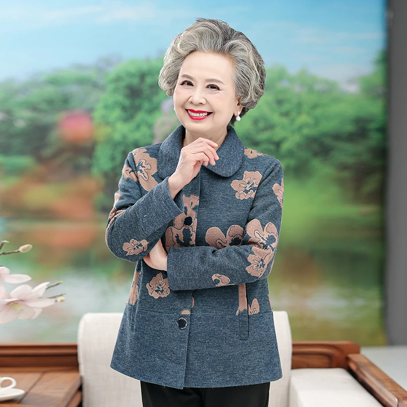 奶奶装休闲翻领春秋装外套小个子中老年人短款毛呢大衣气质妈妈装