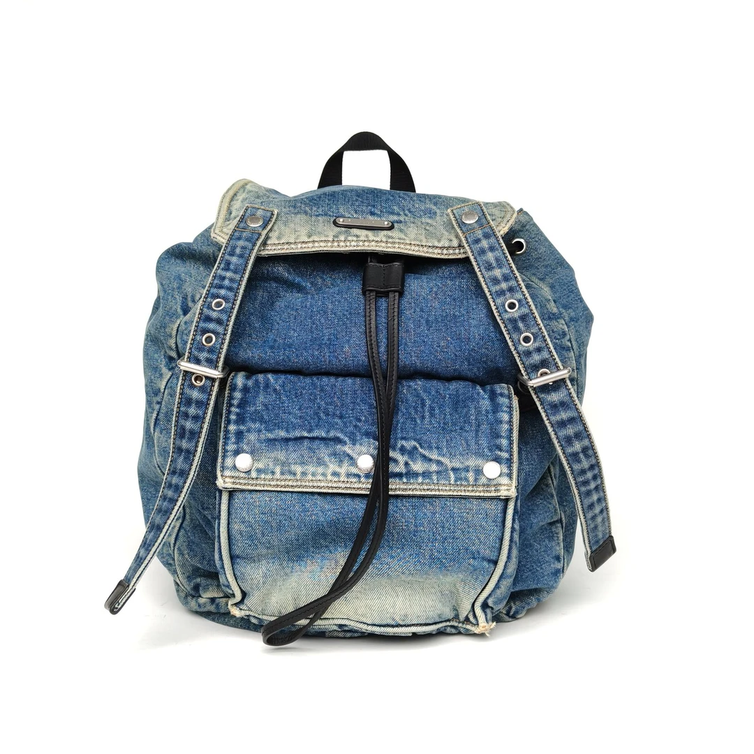 99新 YSL/圣罗兰 小花6枫 牛仔蓝 做旧 双肩包