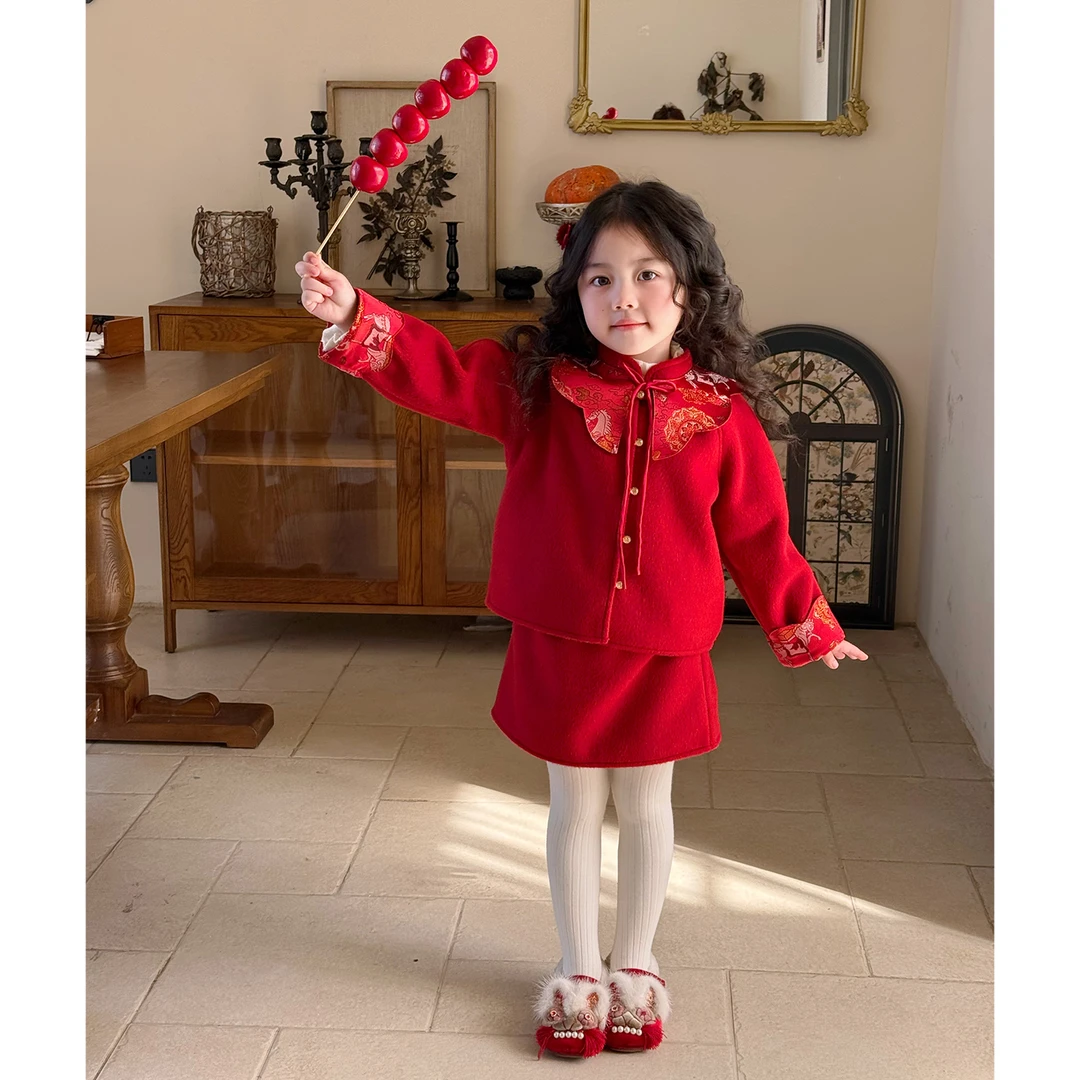 壹妈童装女童新年服喜庆套装2025冬季新款女孩子红色国风外套上衣