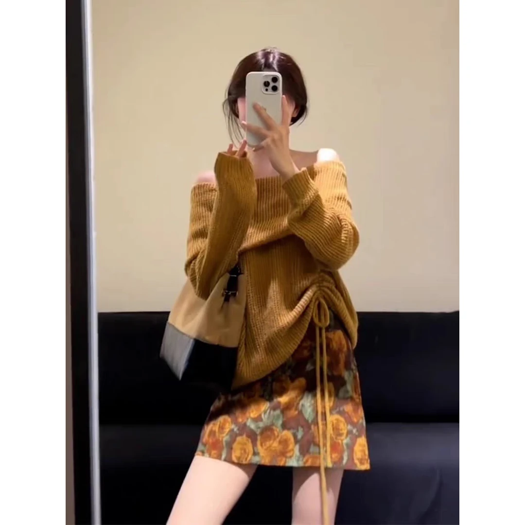 高级感气质套装女2025秋季新款翻领抽褶针织衫印花半身裙两件套潮