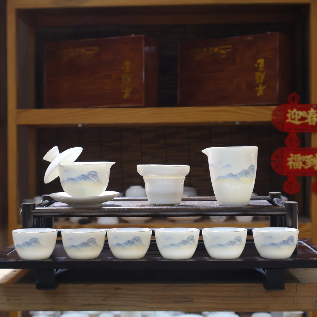 麦城羊脂玉瓷江山如画茶具套装