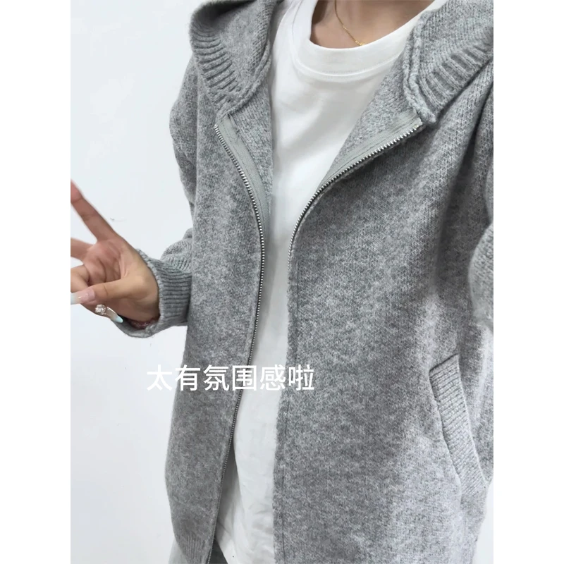 灰色拉链开衫毛衣男秋季高级感双拉链针织连帽卫衣氛围感情侣外套