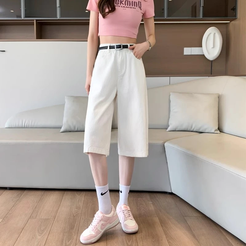 白色牛仔七分裤女夏薄款2025薄款高腰显瘦宽松小个子直筒垂感中裤