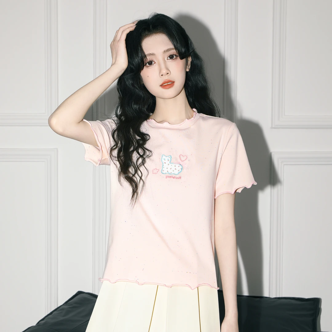 粉色木耳边短袖T恤女夏季2025春新款卡通设计感圆领体恤短款上衣