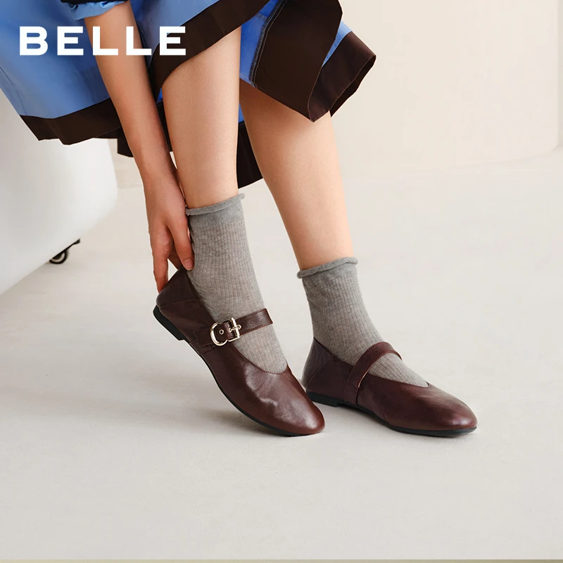 百丽复古褶皱面玛丽珍女2025秋新真皮舒适圆头平底单鞋E3U1DCQ5