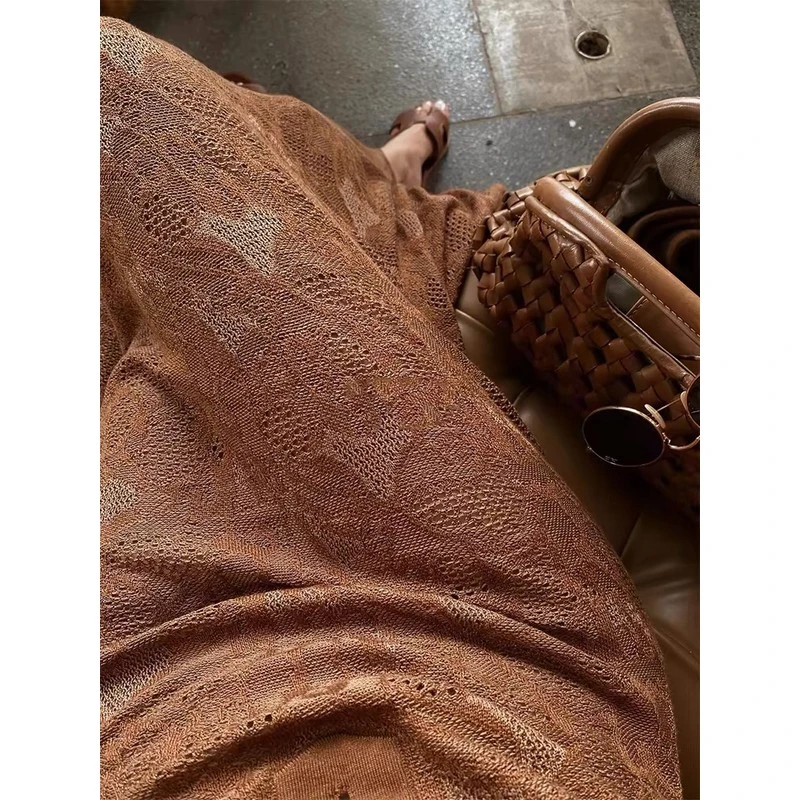 尾单捡漏美拉德穿搭御姐棕色镂空针织连衣裙子女夏季