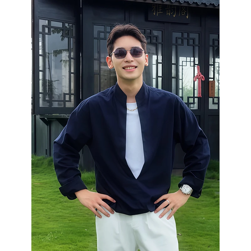 深蓝色立领假两件亚麻衬衫男士秋季高级感亚麻衬衣轻熟风穿搭外套