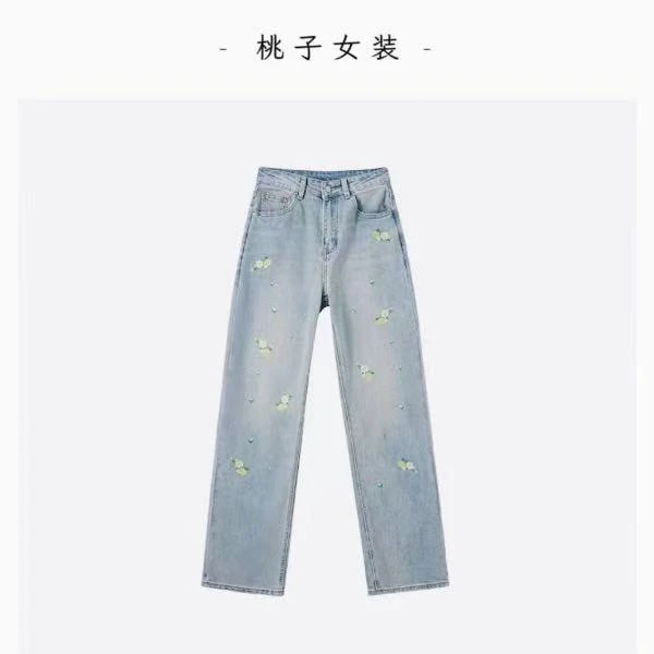 【桃子自制】6318新款刺绣绿色花朵牛仔裤显瘦直筒裤