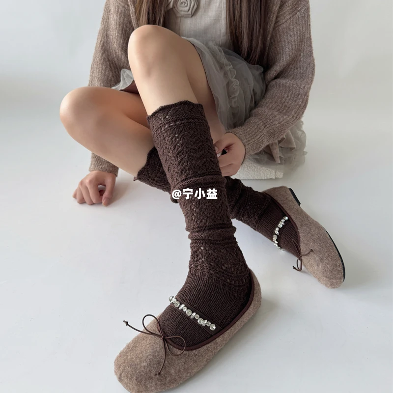 宁小益针织镂空小腿袜韦雪同款堆堆袜子女春秋薄美拉德羊毛中筒袜