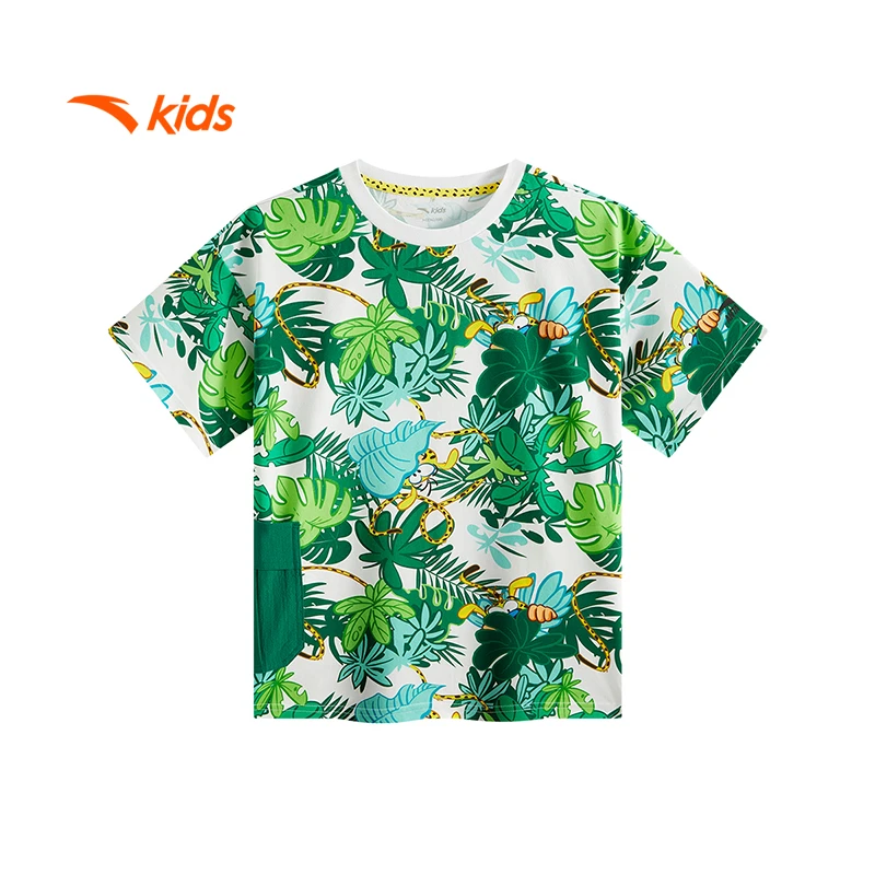 安踏儿童T恤男大童装2025年夏季满印潮流个性欧若风透气短T潮短袖