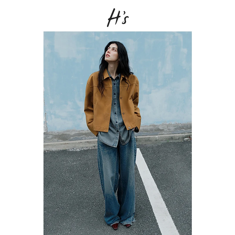 HS仿麂皮绒短外套女25年春季新款高级感复古翻领通勤港味百搭上衣