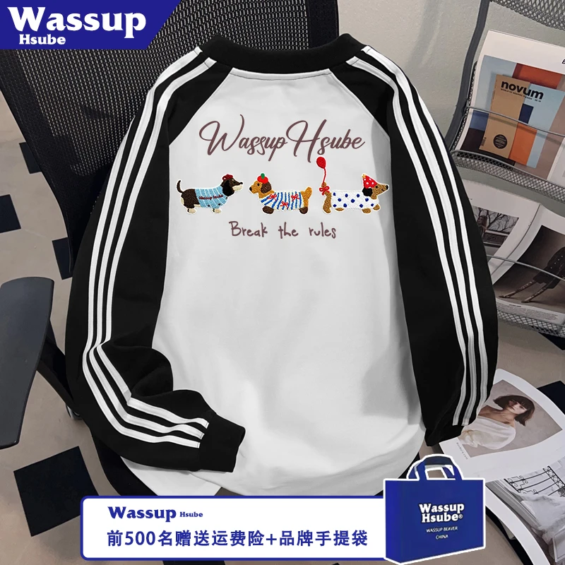 WASSUP HSUBE男女款毛绒小狗印花上衣T恤秋季100%棉三条杠长袖ins